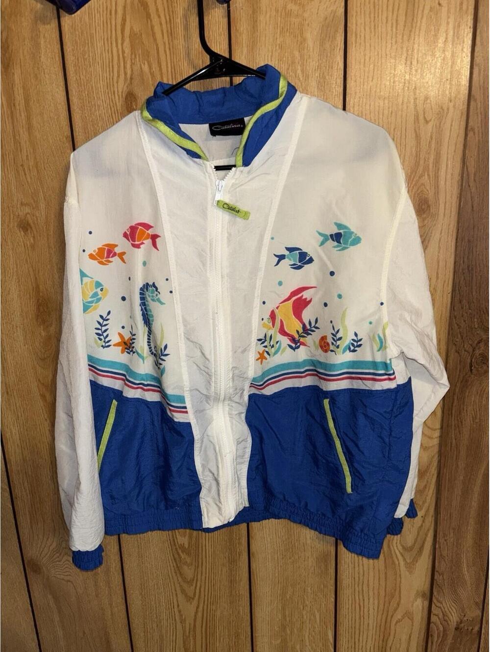 Catalina White Nautical Fish Print Windbreaker Jacket Size Small